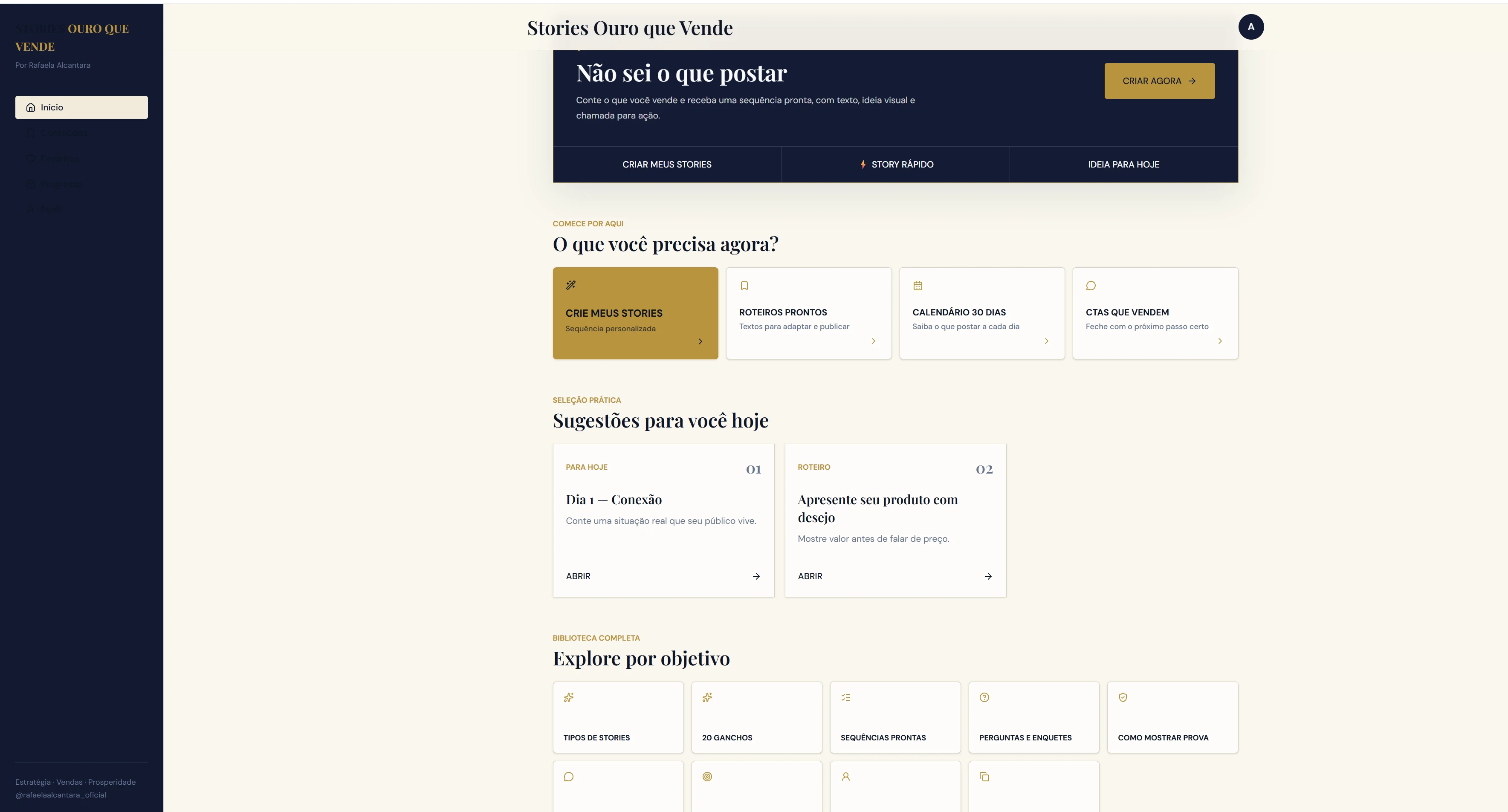 Tela inicial do app, com atalhos e biblioteca organizada por objetivo